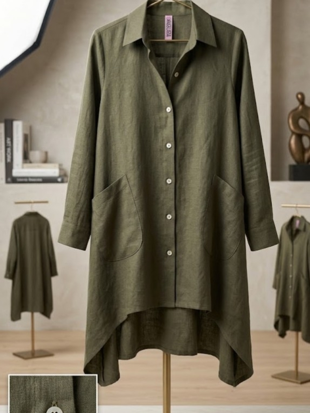 Linen Olive Green Button-Down Longline Asymmetric Hem Shirt Dress (Sz M/L) Lagen